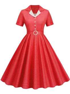 Fashion Retro Stage 1950s Window Pane Plaid Lapel Swing Dress