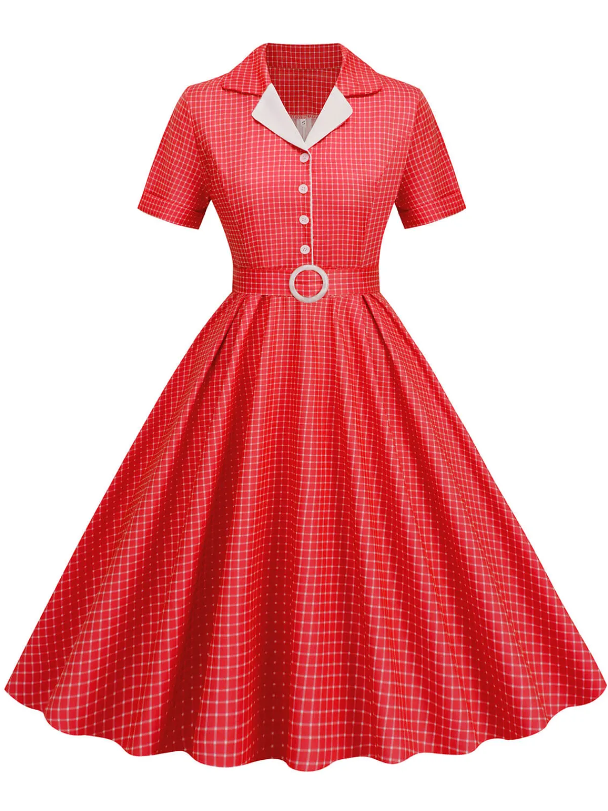 Fashion Retro Stage 1950s Window Pane Plaid Lapel Swing Dress