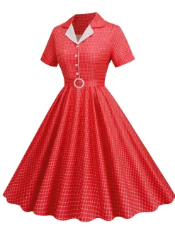 Fashion Retro Stage 1950s Window Pane Plaid Lapel Swing Dress
