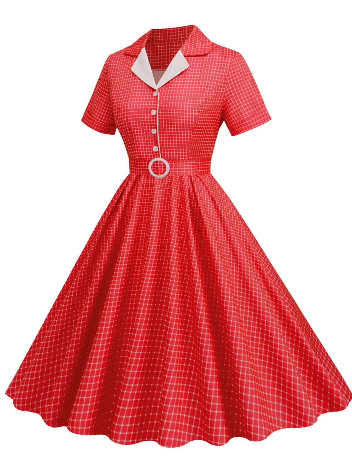 Fashion Retro Stage 1950s Window Pane Plaid Lapel Swing Dress