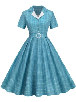 Fashion Retro Stage 1950s Window Pane Plaid Lapel Swing Dress