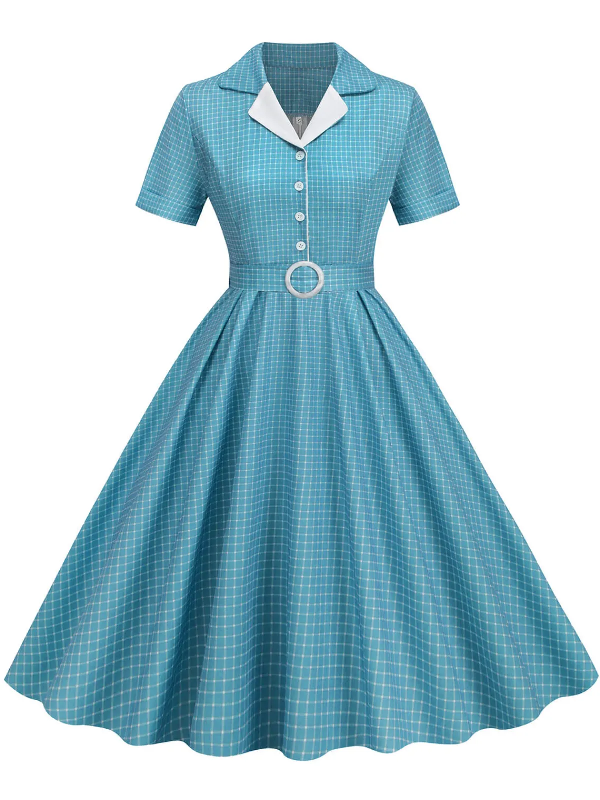 Fashion Retro Stage 1950s Window Pane Plaid Lapel Swing Dress