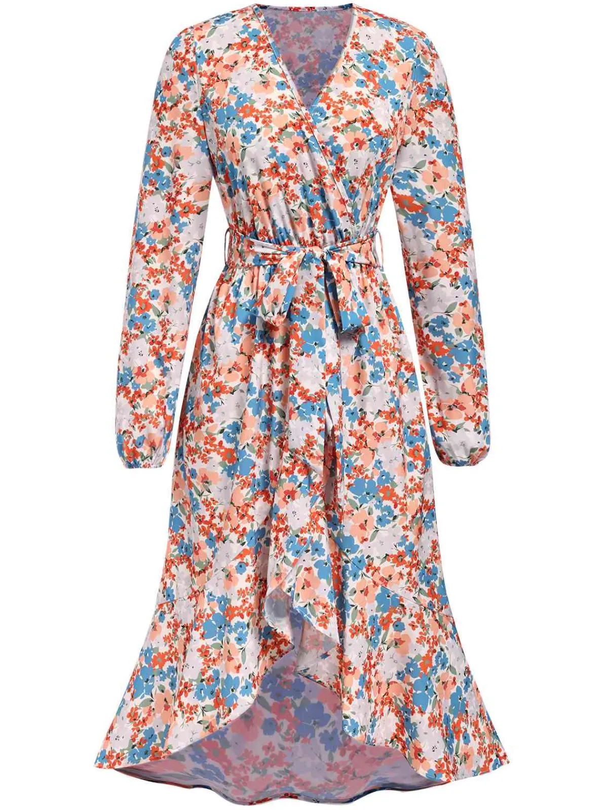 New Retro Stage 1940s Wrap Floral Ruffled Hem Belted Dress Orange