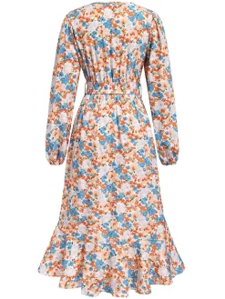 New Retro Stage 1940s Wrap Floral Ruffled Hem Belted Dress Orange