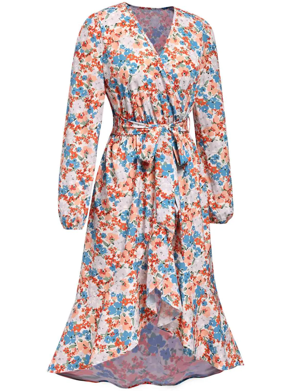 New Retro Stage 1940s Wrap Floral Ruffled Hem Belted Dress Orange