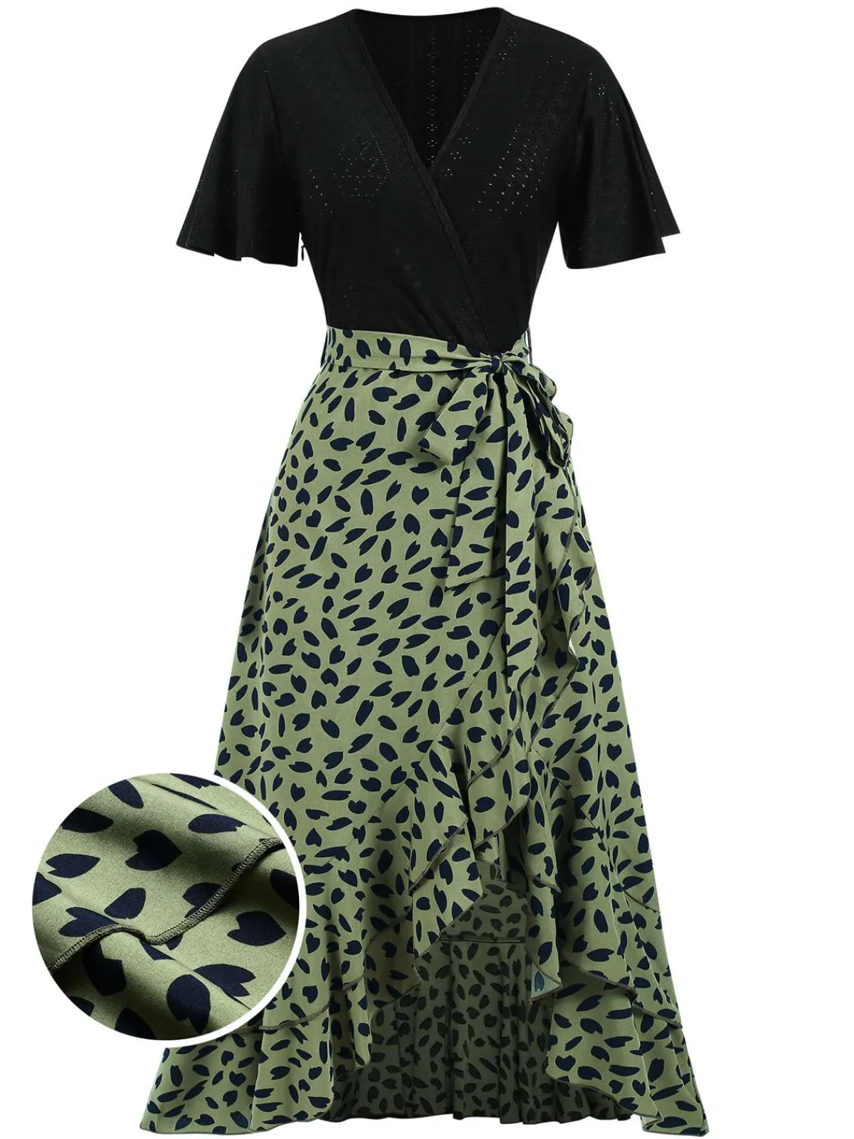 Hot Retro Stage 1930s Wrap V-Neck Patchwork Ruffle Dress