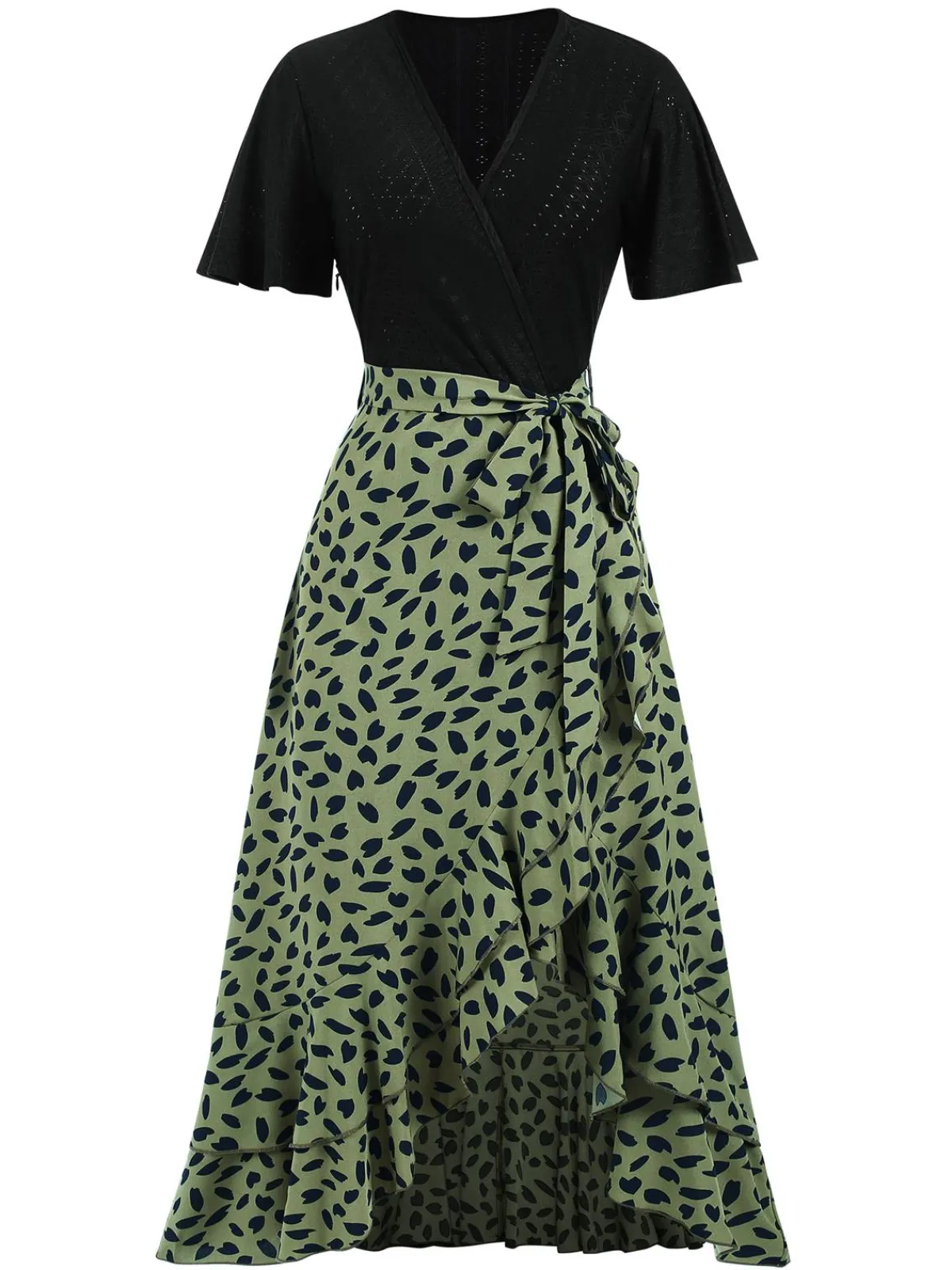 Hot Retro Stage 1930s Wrap V-Neck Patchwork Ruffle Dress