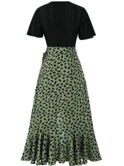 Hot Retro Stage 1930s Wrap V-Neck Patchwork Ruffle Dress