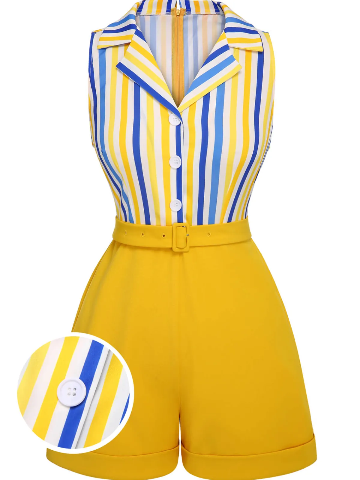 Hot Retro Stage 1950s White Blue Striped Lapel Romper Yellow