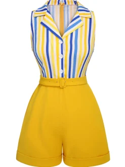 Hot Retro Stage 1950s White Blue Striped Lapel Romper Yellow