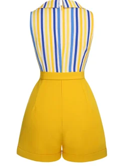 Hot Retro Stage 1950s White Blue Striped Lapel Romper Yellow