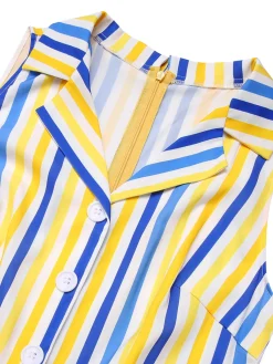 Hot Retro Stage 1950s White Blue Striped Lapel Romper Yellow