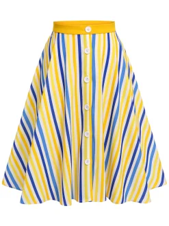 Best Retro Stage 1950s Yellow White Blue d Button Skirt Stripe