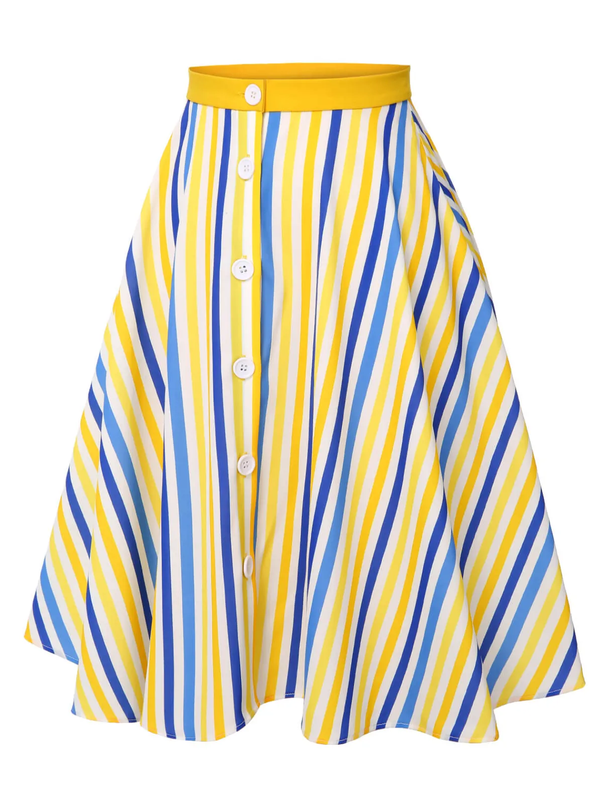 Best Retro Stage 1950s Yellow White Blue d Button Skirt Stripe