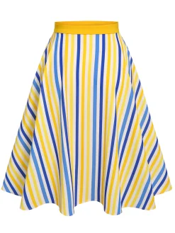 Best Retro Stage 1950s Yellow White Blue d Button Skirt Stripe