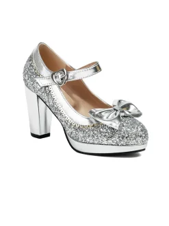 Sale Retro Stage Sequined Bow Chunky High Heels
