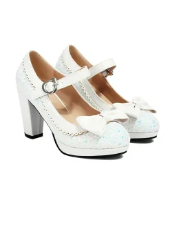 Sale Retro Stage Sequined Bow Chunky High Heels