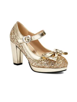 Sale Retro Stage Sequined Bow Chunky High Heels