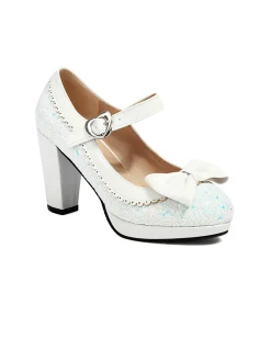 Sale Retro Stage Sequined Bow Chunky High Heels
