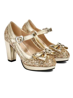 Sale Retro Stage Sequined Bow Chunky High Heels