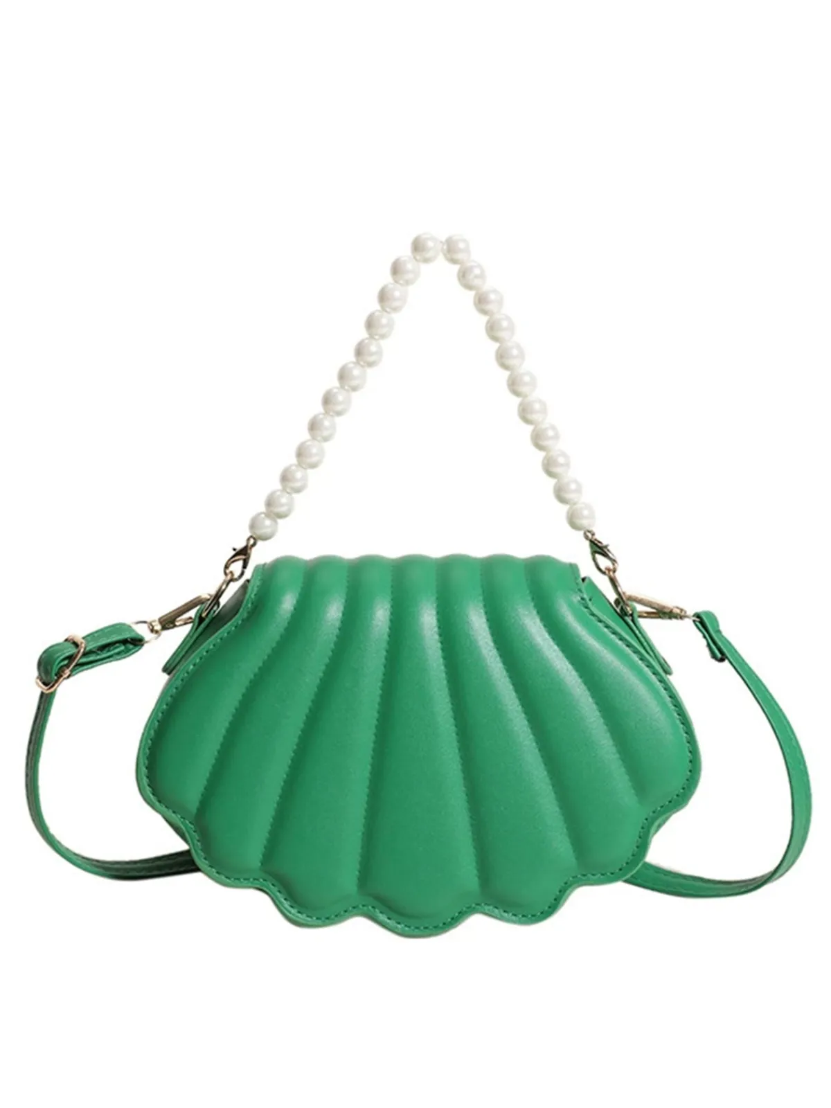 Hot Retro Stage Shell Shape Pearl Chain PU Leather Bag