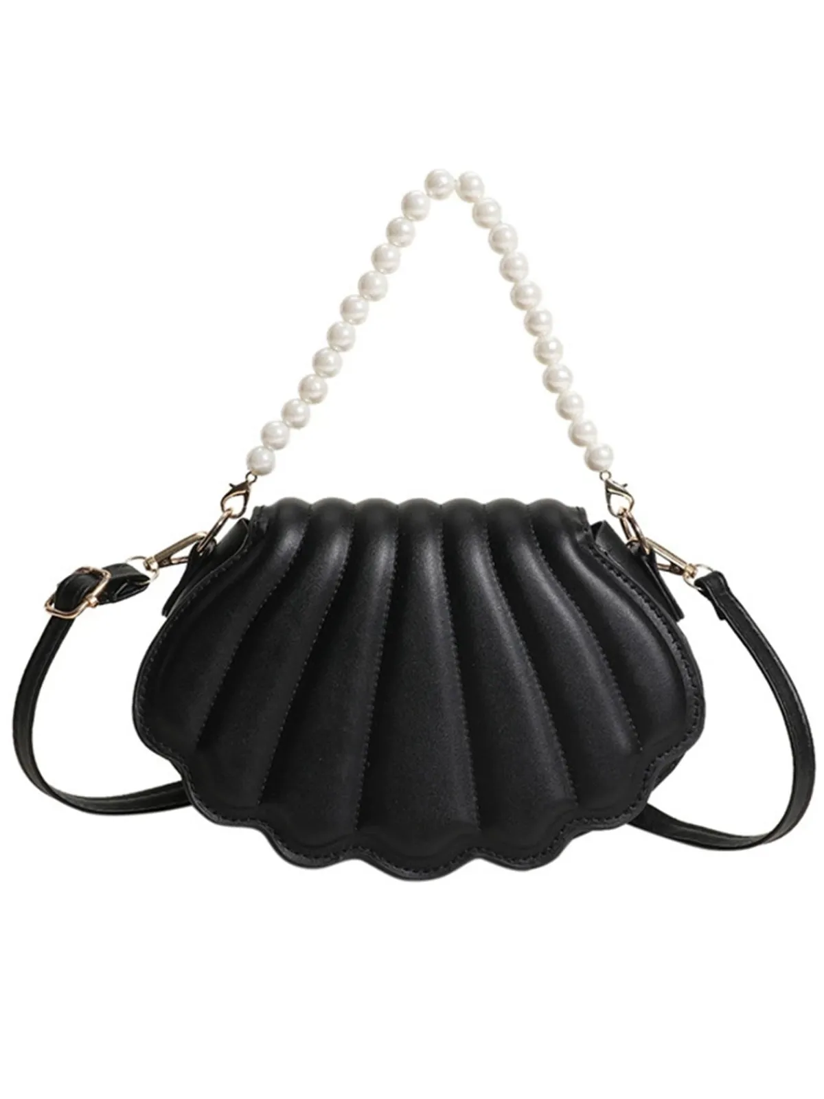 Hot Retro Stage Shell Shape Pearl Chain PU Leather Bag