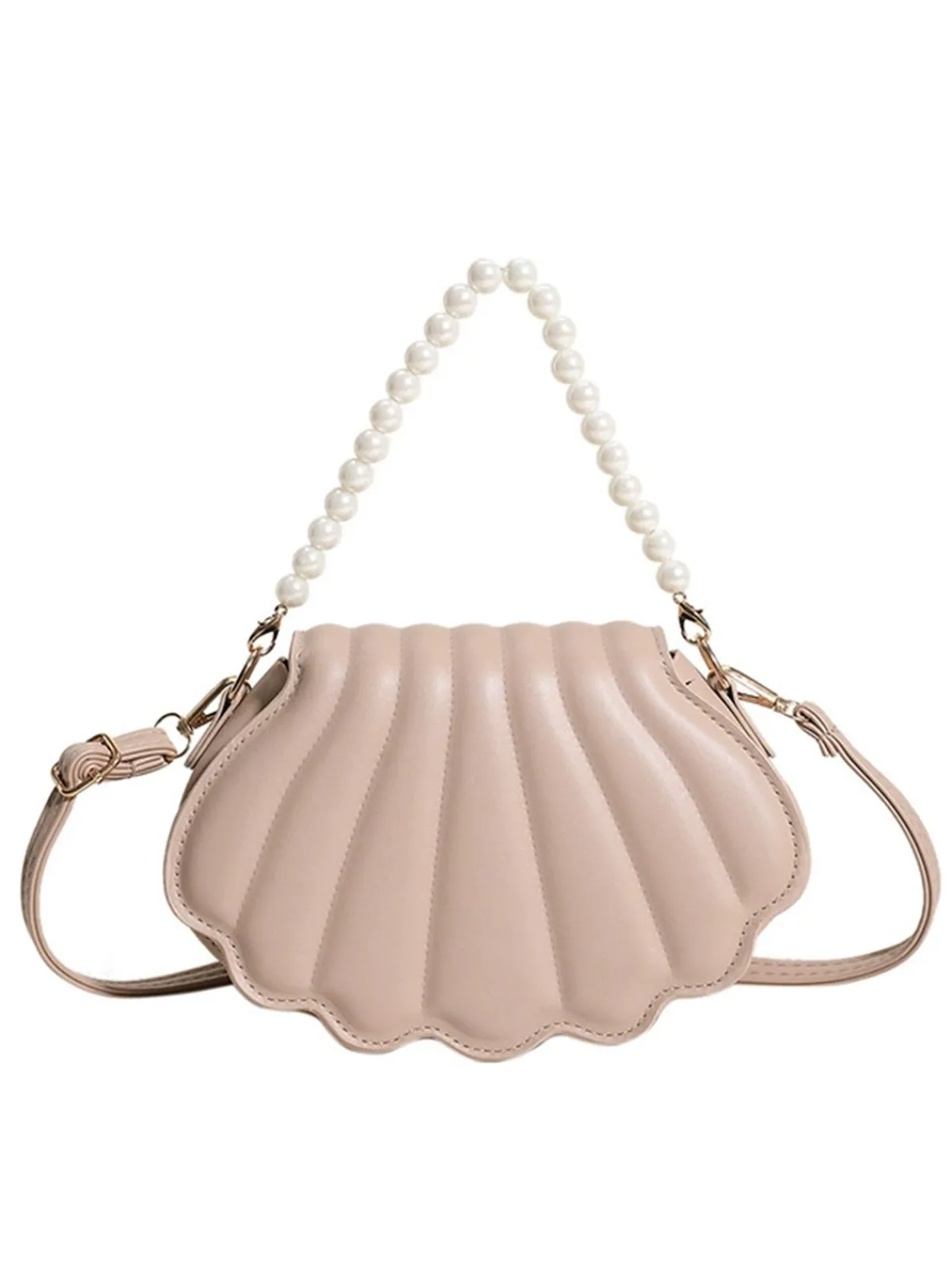Hot Retro Stage Shell Shape Pearl Chain PU Leather Bag