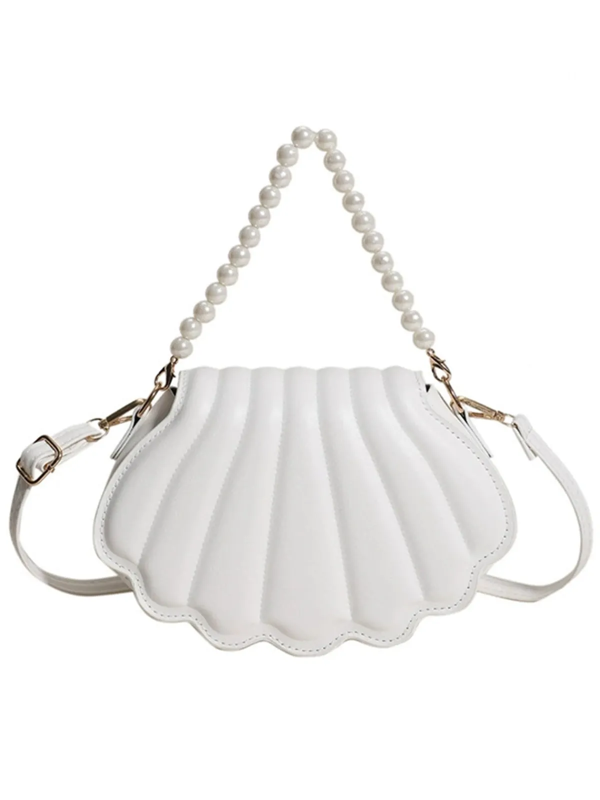 Hot Retro Stage Shell Shape Pearl Chain PU Leather Bag