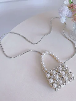 New Retro Stage Silver Beaded Crossbody Mini Square Bag
