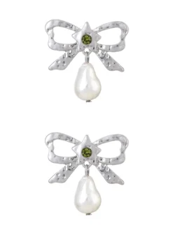 Sale Retro Stage Silver Bow Star Pearl Drop Earrings