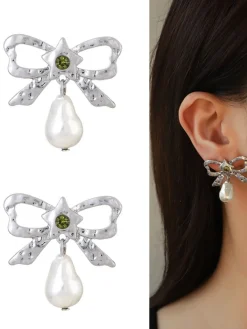 Sale Retro Stage Silver Bow Star Pearl Drop Earrings