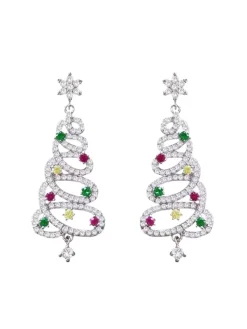 Outlet Retro Stage Silver Christmas Tree Colored Rhinestoned Earrings