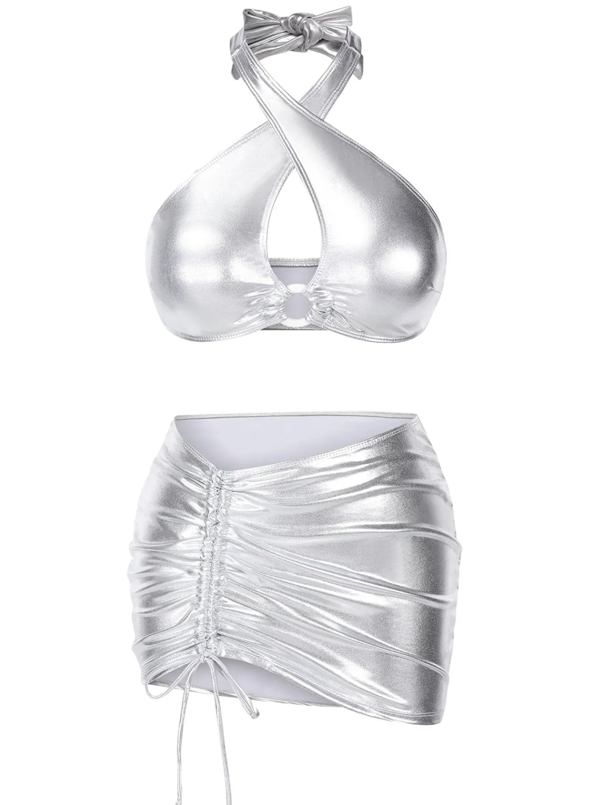 Fashion Retro Stage 1960s Laser Drawstring Cross Halter Swimsuit Silver