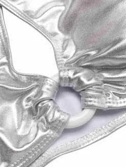 Fashion Retro Stage 1960s Laser Drawstring Cross Halter Swimsuit Silver