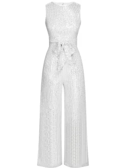 Sale Retro Stage 1930s Solid Sequined Backless Jumpsuit Silver