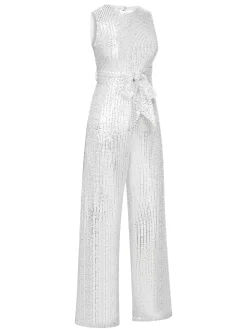Sale Retro Stage 1930s Solid Sequined Backless Jumpsuit Silver