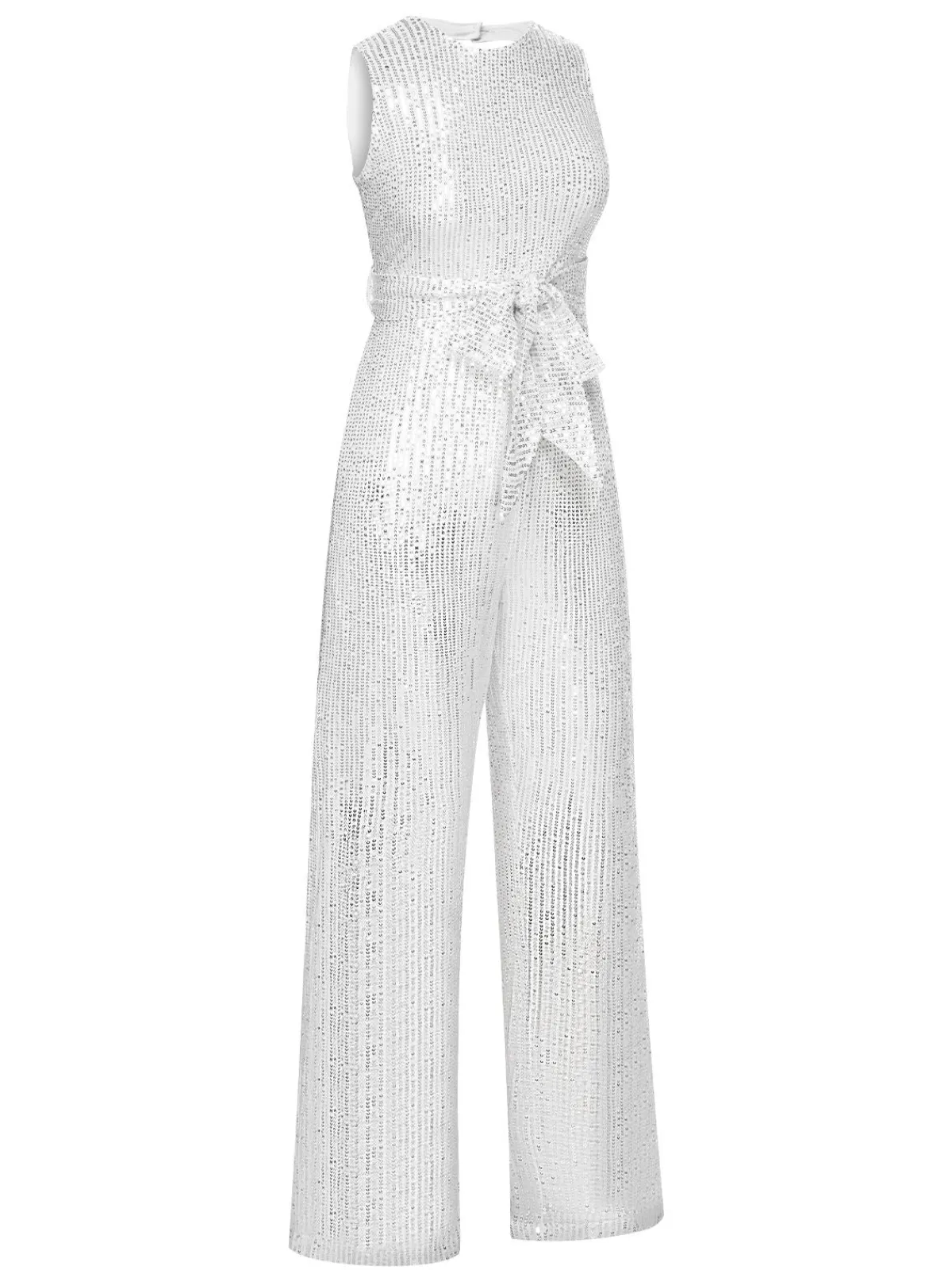Sale Retro Stage 1930s Solid Sequined Backless Jumpsuit Silver