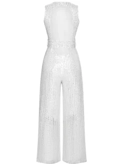 Sale Retro Stage 1930s Solid Sequined Backless Jumpsuit Silver