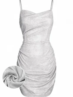 Clearance Retro Stage 1960s Spaghetti Strap Sparkling Mini Dress Silver