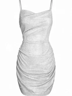 Clearance Retro Stage 1960s Spaghetti Strap Sparkling Mini Dress Silver
