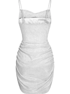 Clearance Retro Stage 1960s Spaghetti Strap Sparkling Mini Dress Silver