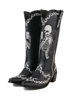 Best Retro Stage Skeleton Embroidery Pointed Chunky Heels Boots