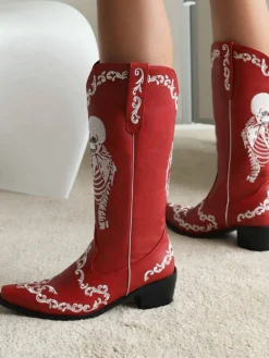 Best Retro Stage Skeleton Embroidery Pointed Chunky Heels Boots