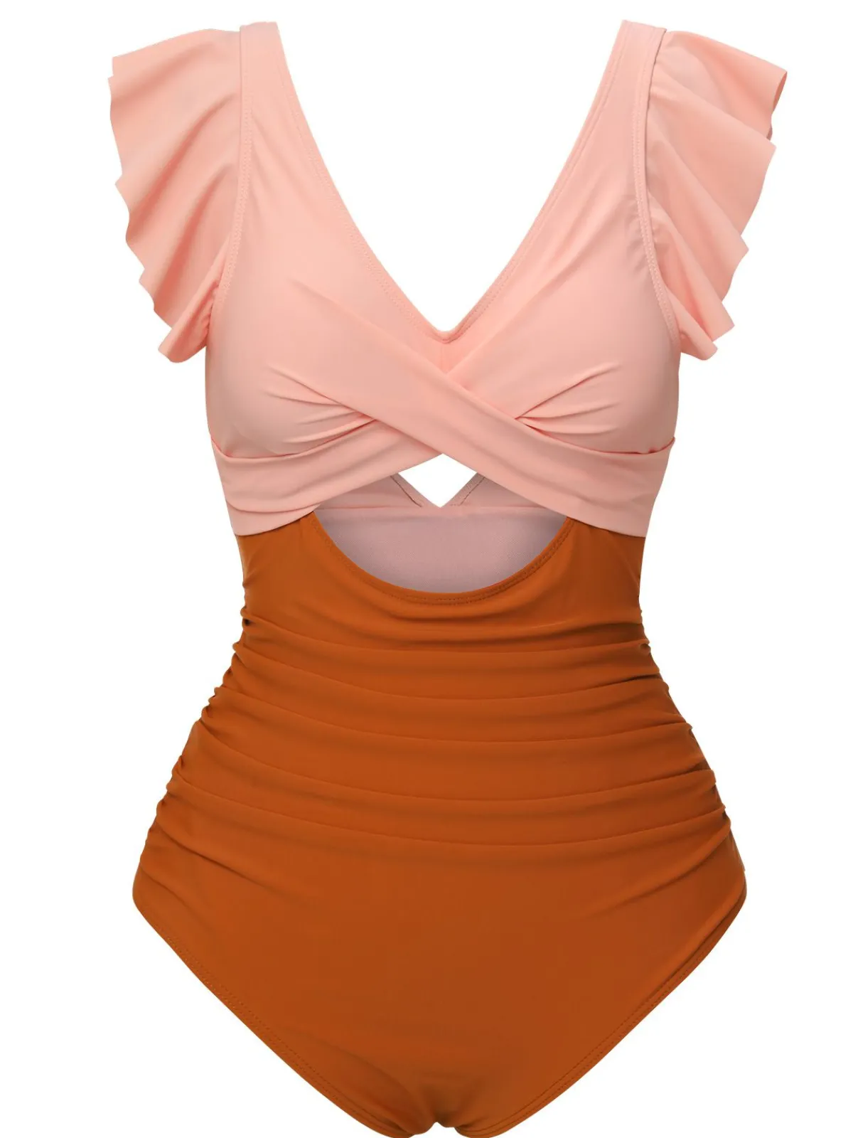 Best Retro Stage 1940s Ruffle Cutout Swimsuit Skin & Orange