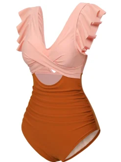 Best Retro Stage 1940s Ruffle Cutout Swimsuit Skin & Orange