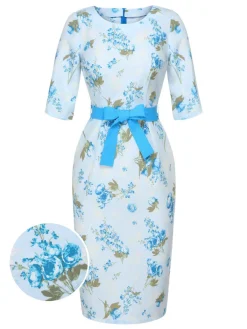 New Retro Stage 1960s Floral Belted Pencil Dress Sky Blue