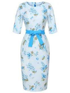 New Retro Stage 1960s Floral Belted Pencil Dress Sky Blue