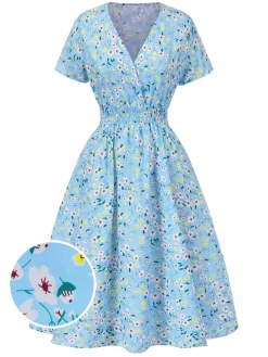 Outlet Retro Stage 1950s Floral V-Neck A-line Dress Sky Blue