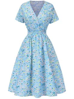 Outlet Retro Stage 1950s Floral V-Neck A-line Dress Sky Blue