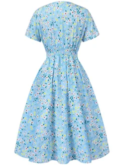 Outlet Retro Stage 1950s Floral V-Neck A-line Dress Sky Blue